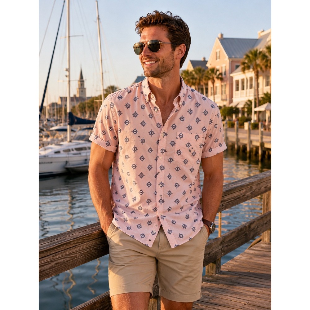 J.Crew Flex Washed Shirt‎ Mens L Pink Ship Wheel Nautical Button Up Slim Cotton